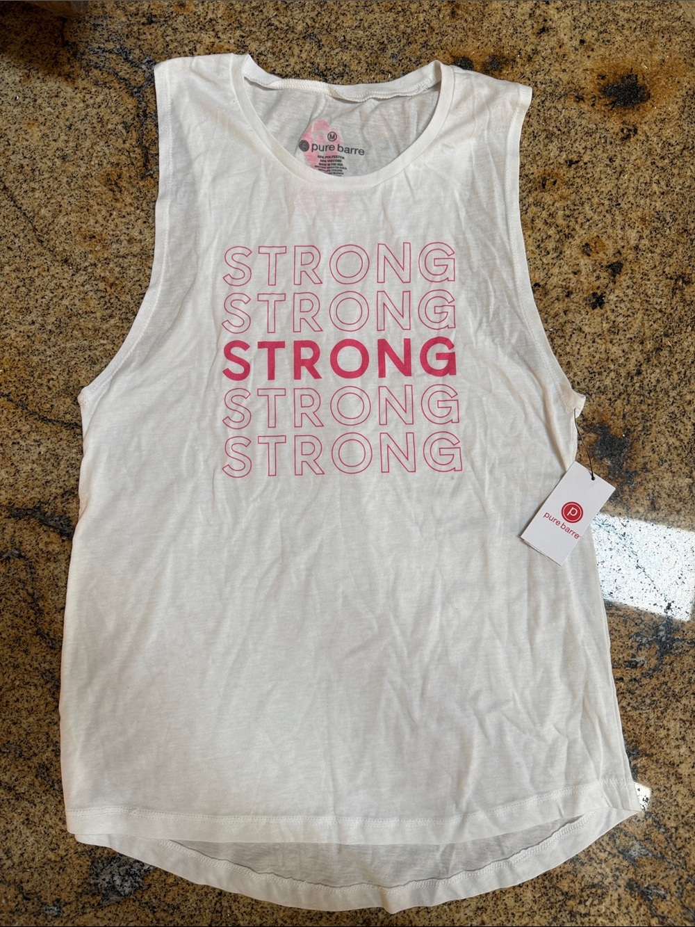 Pure Barre White Tank Top with Pink STRONG Repeat Graphic